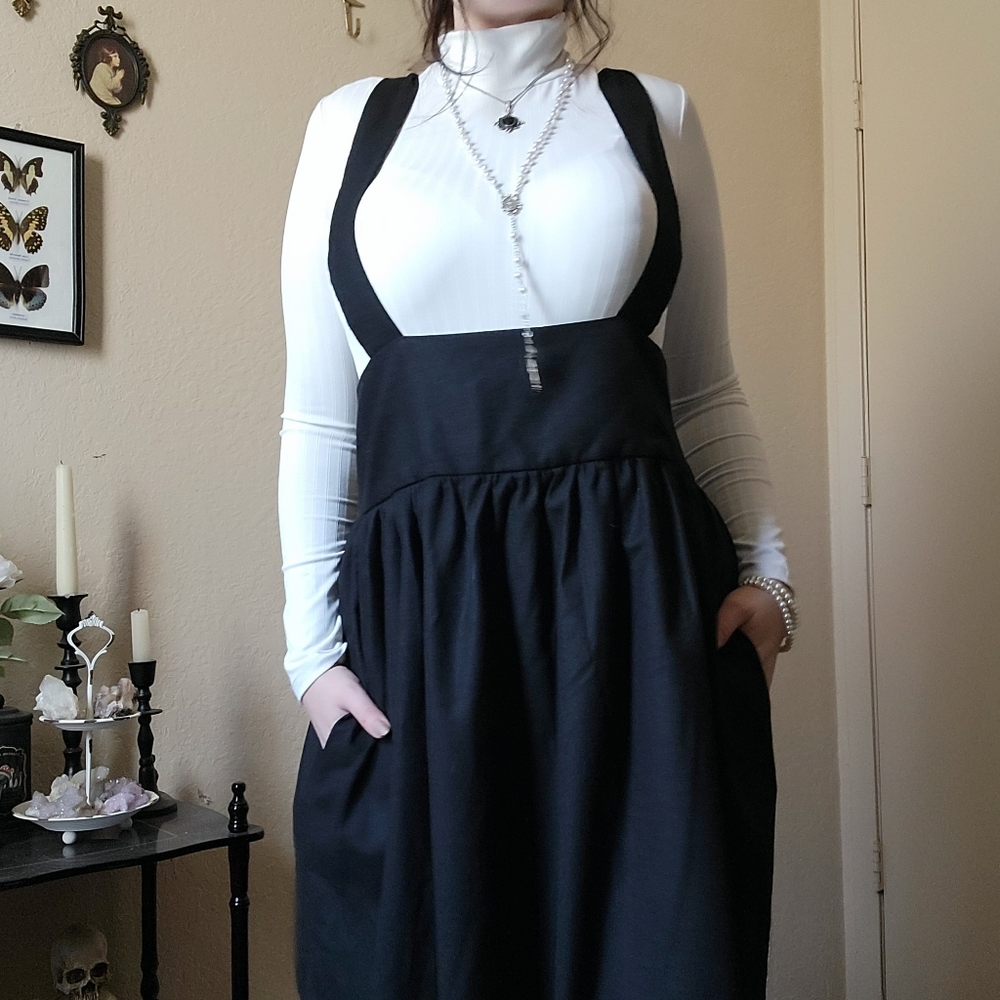 Handmade Black Cotton Pinafore Skirt with Suspenders